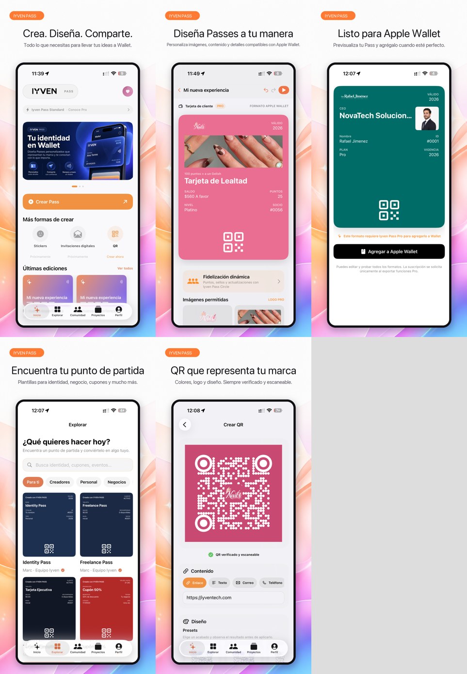 Capturas de Iyven Pass mostrando creación de pases, editor, Apple Wallet, plantillas y códigos QR
